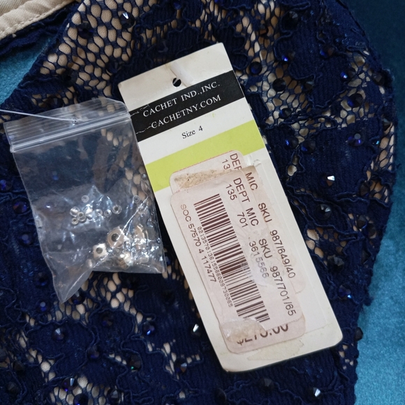 Cachet lace and satin navy blue jeweled waistband gown - Picture 9 of 13